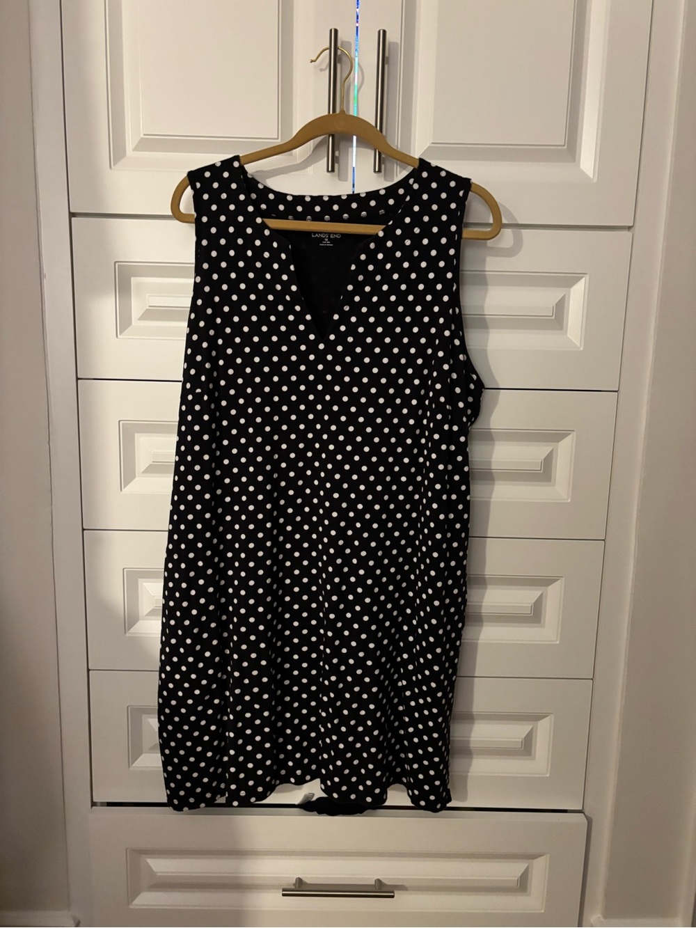 Lands’ End Black and White Polka Dot V-Neck Sleeveless Dress, 100% cotton